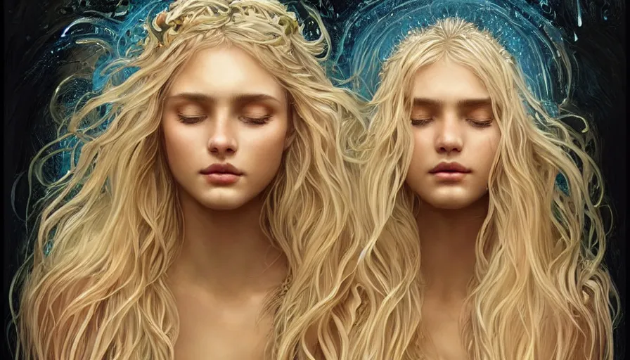 Image similar to an beautiful goddess with wet blonde hair and sweaty skin, wet hair, flowing hair, beautiful face, perfectly-centered-Portrait of a most beautiful woman it the world, intricate, highly detailed, digital painting, artstation, concept art, smooth, sharp focus, illustration, Unreal Engine 5, 8K, art by artgerm and greg rutkowski and alphonse mucha