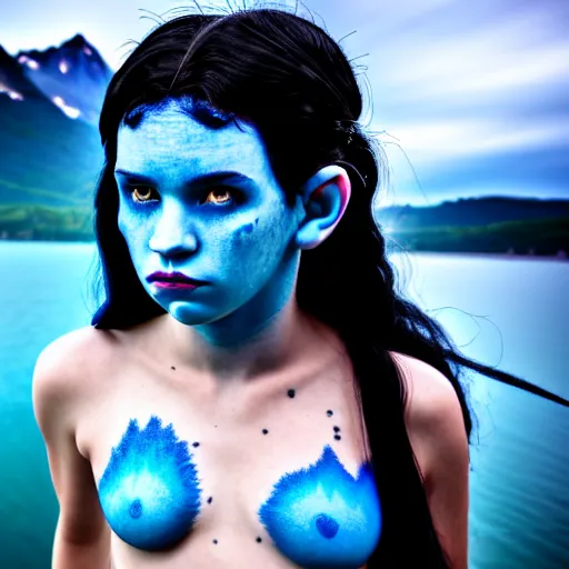 Image similar to a dnd Triton girl with blue skin and messy black hair, a little blue-skinned girl with messy black hair sharp pointed ears freckles along the ridges of her cheeks, dnd triton, high resolution film still, 4k, HDR colors