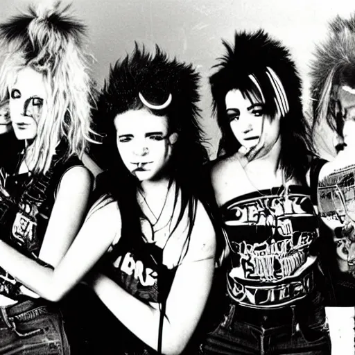 Prompt: Group of 19-year-old women holding electric guitars, shaggy hair, punk rock, riot grrl, hardcore punk, post-hardcore, alternative rock, band promo photo, 1994 photograph