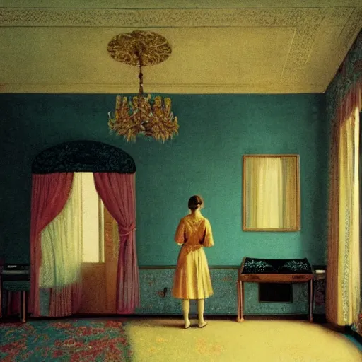 Image similar to a lonely girl in a liminal hotel room, baroque wallpaper, film still by wes anderson, depicted by balthus, limited color palette, very intricate, art nouveau, highly detailed, lights by hopper, soft pastel colors, minimalist