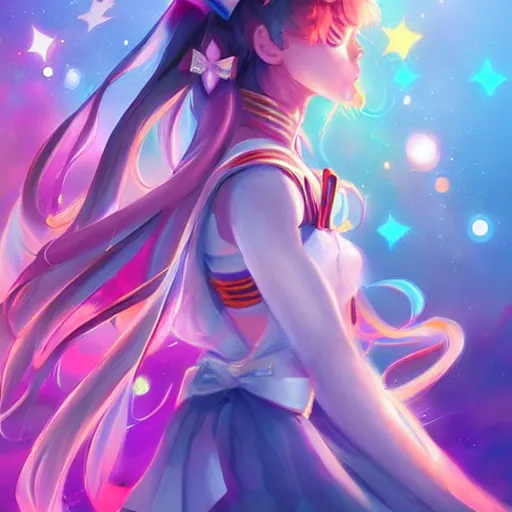 Prompt: a portrait of a celestial magical girl, sailor moon, star guardians, very beautiful, very very very very attractive, trending on artstation, cool color scheme, semi - realism, painted by artgem and rossdraws and loish