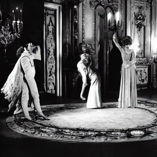 Image similar to ballroom scene from the leopard by luchino visconti with alain delon and claudia cardinale and an alien!!!! set in the 1 9 th century in an italian villa. technicolor!!!!, highly intricate, 5 0 mm