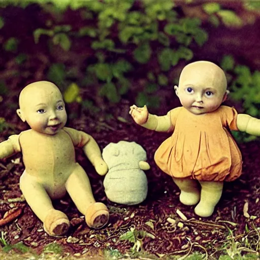 Image similar to autochrome photo of vintage disgusting brown kewpie dolls, plastic baby doll toys in a backyard garden, realistic