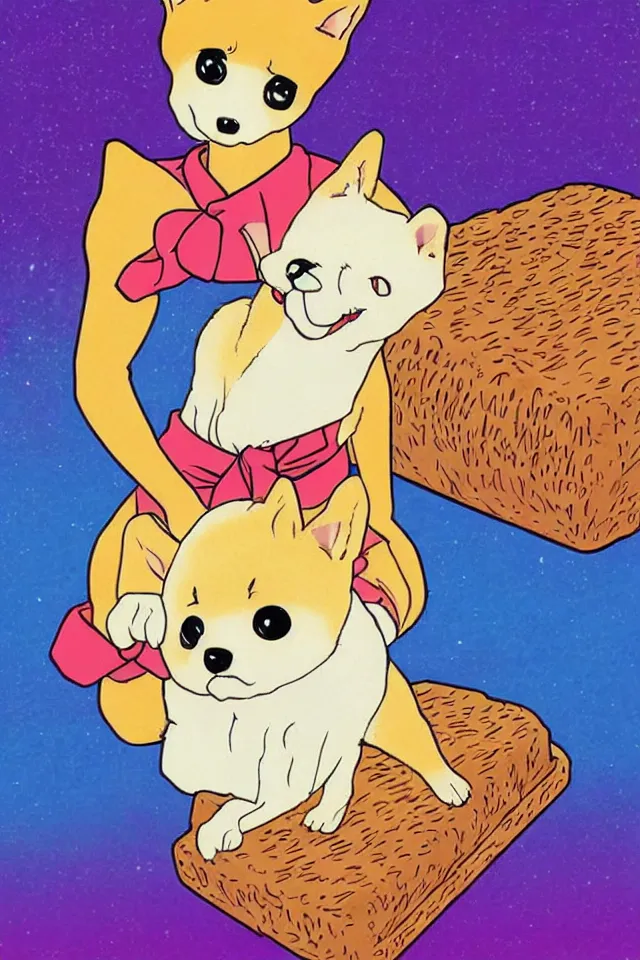 Image similar to a portrait of a shiba inu as a loaf of bread, in the art style of 8 0 s anime, japanese city pop color palette, naoko takeuchi, hajime yatate