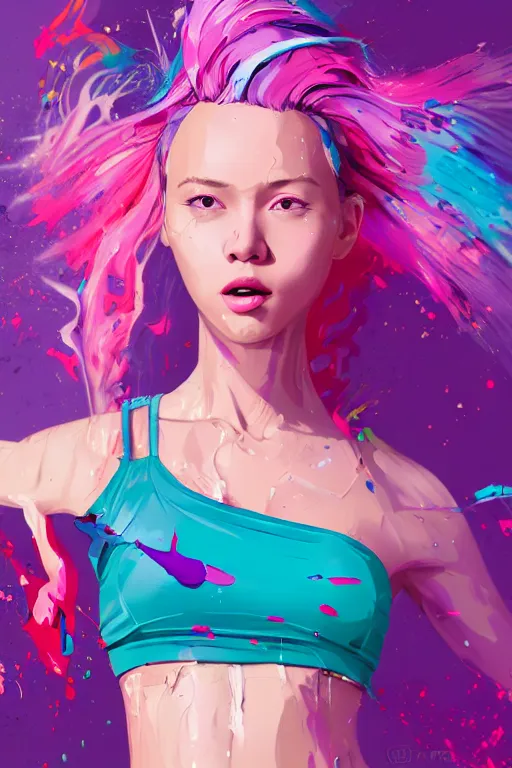 Image similar to a award winning half body portrait of a beautiful woman in a croptop and cargo pants with ombre purple pink teal hairstyle with head in motion and hair flying by artgerm, paint splashes, splatter, outrun, vaporware, shaded flat illustration, digital art, trending on artstation, highly detailed, fine detail, intricate