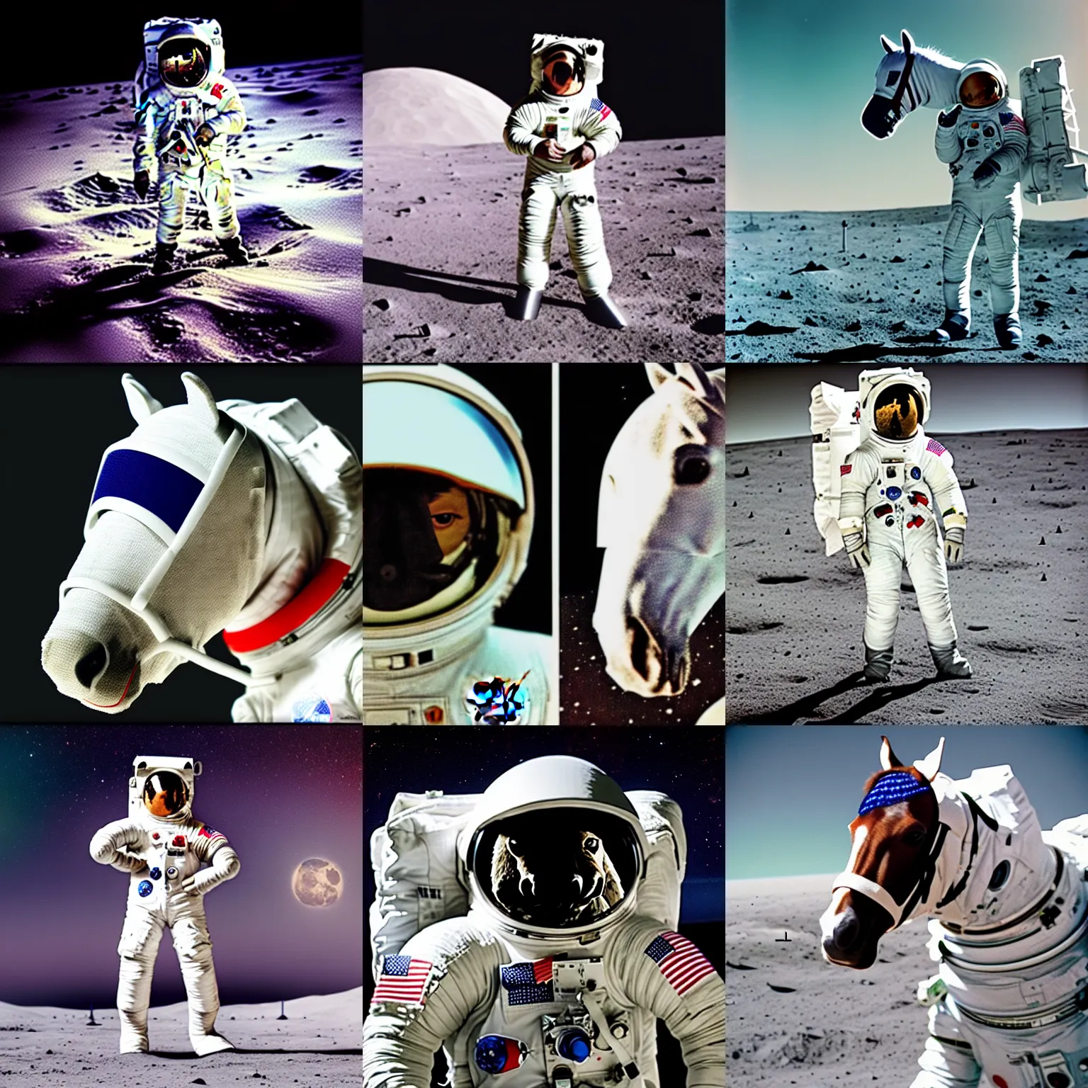 Prompt: horse wearing white spacesuit turned into horse astronaut, polaroid color vintage photoshoot on the moon, nasa realistic 8 k documentary