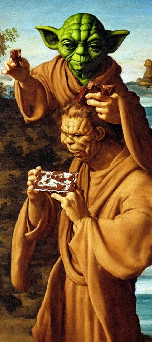 Image similar to renaissance oil painting of Yoda eating chocolate on the beach