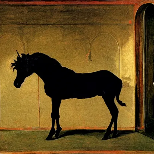 Image similar to a black unicorn in a gold haunted liminal room, digital painting by goya, colors by pontormo, lights by hopper, extreme detail, liminal aesthetic, background art nouveau