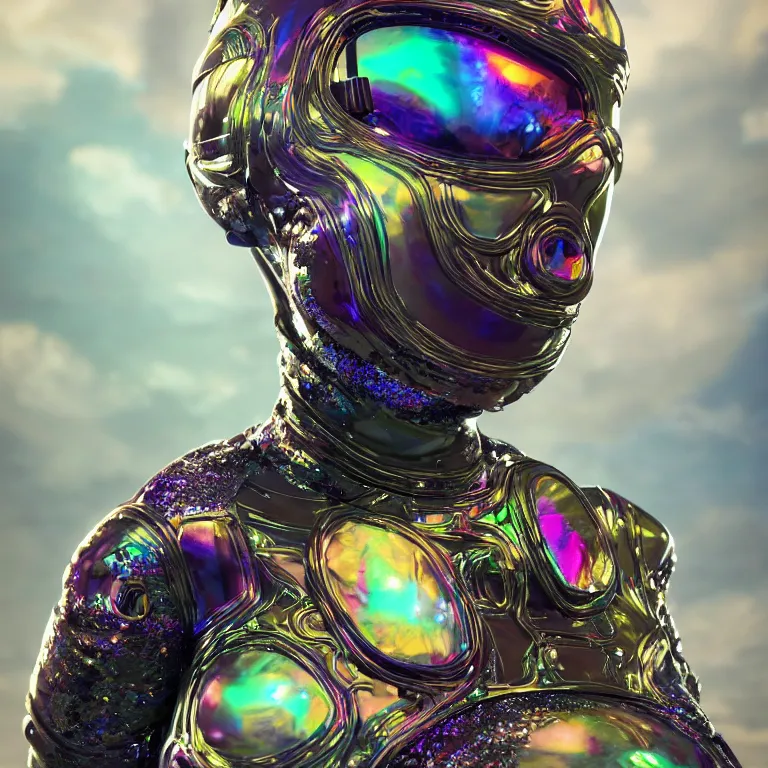 Image similar to octane render portrait by wayne barlow and carlo crivelli and glenn fabry, focus on a woman in a skintight shiny black spacesuit with intricate iridescent metal detailing, covered in bright colorful tropical alien flora in front of a giant photorealistic rocky cliff, cinema 4 d, ray traced lighting, very short depth of field, bokeh