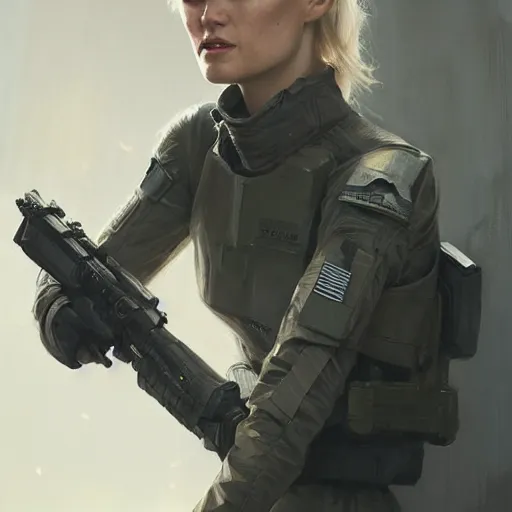 Image similar to portrait of a woman by greg rutkowski, she looks like mackenzie davis, impeccable military composure, wearing tactical gear of the galactic alliance, star wars expanded universe, she is about 6 0 years old, highly detailed portrait, digital painting, artstation, concept art, smooth, sharp foccus ilustration, artstation hq