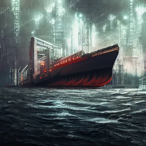 Image similar to photo of Immense industrial futuristic cargo ship arrives at cyber punk city sea port, cinematic lighting, photo