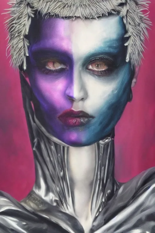 Image similar to hyperrealism oil painting, close - up portrait of punk gothic medieval brunette fashion model, knight, steel gradient mixed with nebula sky, in style of baroque