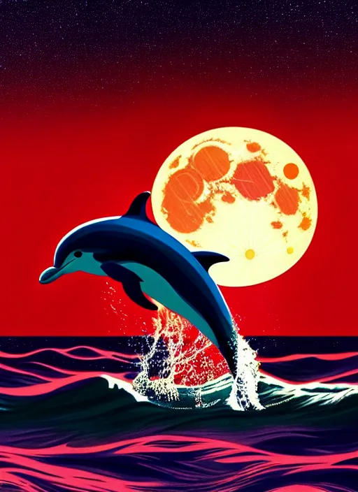 Prompt: dolphin jumping out of the ocean, splashing water, full moon, night stars, wallpaper aesthetic, beautiful, cinematic, dramatic, super detailed and intricate, 4 k render, by koson ohara, by darwyn cooke, by satoshi kon