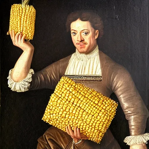 Image similar to a 1 6 0 0 s portrait painting of brendan fraser holding corn, intricate, elegant, highly detailed