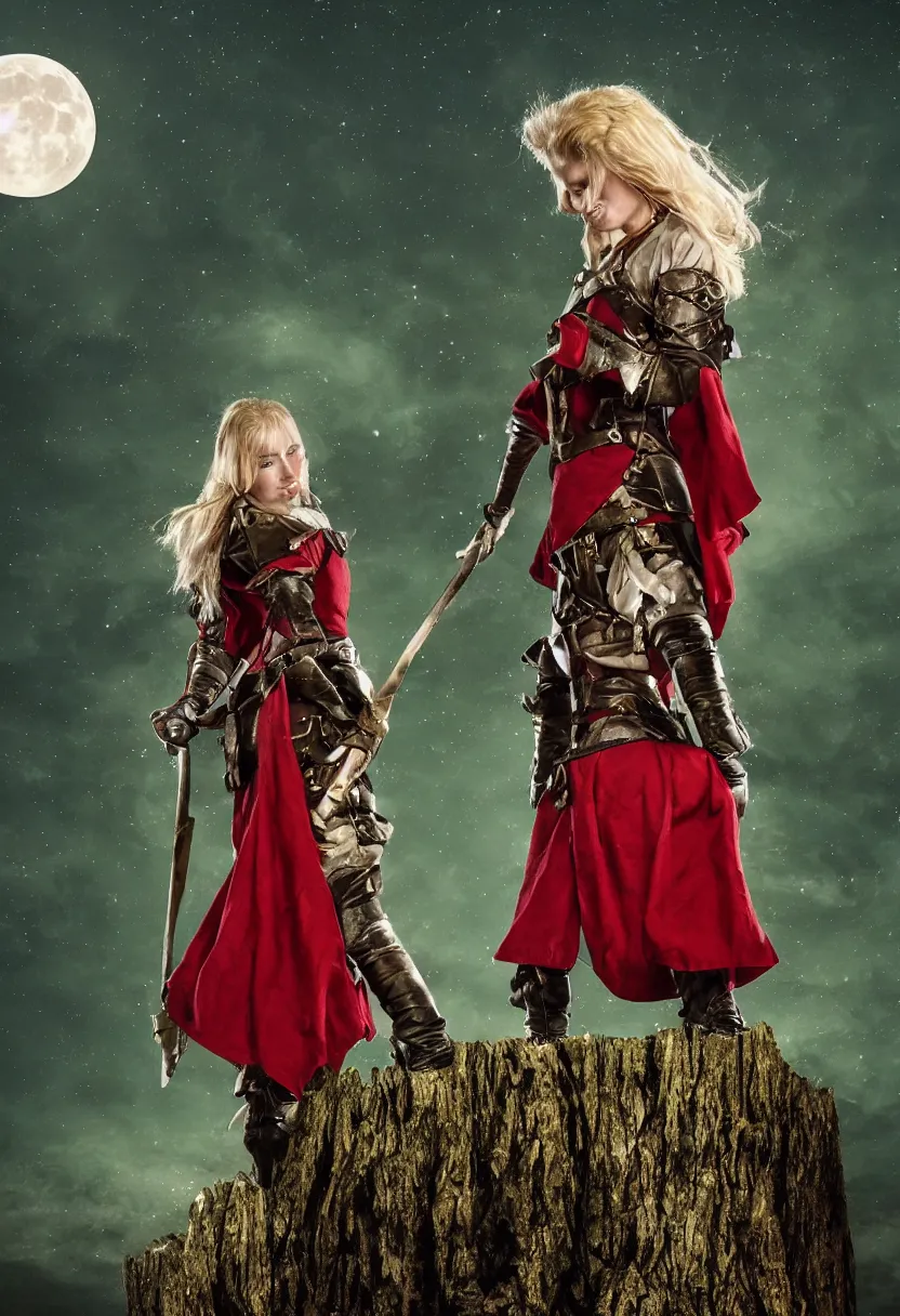 Prompt: a blonde medieval female soldier standing on a short tree stump, green battle coat, deep red lunar eclipse, night, detailed, fantasy, in the style of Gwent, epic composition, red roots background