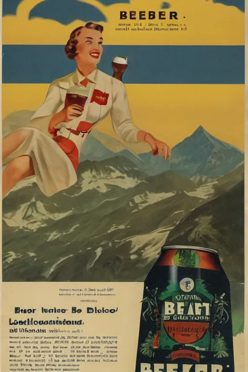 Prompt: 1 9 4 0 s german advertisement of beer, the alps are in the background, unreal engine, global illumination, radiant light, detailed and intricate environment