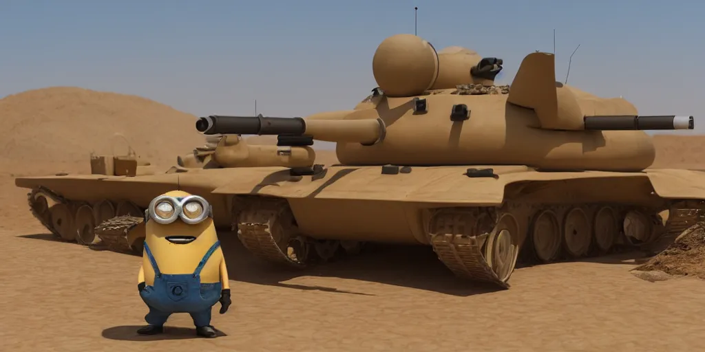 Image similar to a minion sitting on a tank in the desert, gulf war, afghanistan, middle east, award winning photo, angular, unreal engine 5 highly rendered, global illumination, detailed and intricate