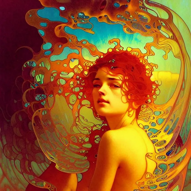 Image similar to mind bending ocean waves of glossy psychedelic liquid honey drops flowing like kaleidoscopic translucent amber, lsd waves, lsd ripples, crystal clear, backlit, sunset, refracted lighting, art by collier, albert aublet, krenz cushart, artem demura, alphonse mucha