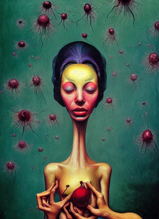 Image similar to Oil painting - She Eats of the Strangling Fruit and Her gossamer polyp blossoms bring iridescent fungal flowers whose spores black the foolish stars by Lucian Freud, and Mariusz Lewandowski, Abstract brush strokes, Masterpiece, Edward Hopper and James Gilleard, Zdzislaw Beksinski, Mark Ryden, Wolfgang Lettl, hyper detailed, hints of Yayoi Kasuma