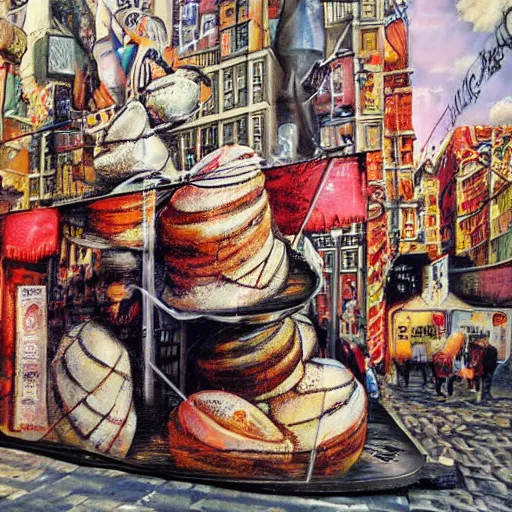 Prompt: by reginald marsh eclectic sangria. a street art of a city made entirely out of kulich, a traditional russian easter bread. the city is bustling with activity. the street art is playful & whimsical, with a touch of magic.