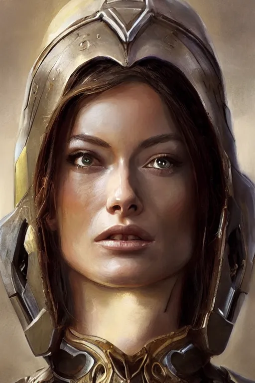 Image similar to a professional painting of a young Olivia Wilde, clothes in military armor, olive skin, long dark hair, beautiful bone structure, symmetrical facial features, intricate, elegant, digital painting, concept art, smooth, sharp focus, illustration, from StarCraft by Ruan Jia and Mandy Jurgens and Artgerm and William-Adolphe Bouguerea