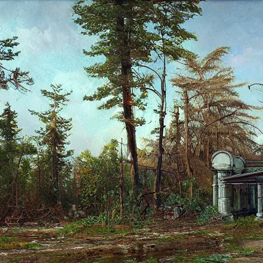 Prompt: a beautiful painting of an abandoned overgrown 7 - eleven by ivan shishkin, masterpiece