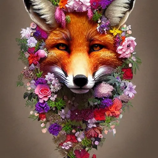 Image similar to made of flowers, made of flowers, made of flowers, fox made of flowers, fantasy art, trending on artstation, beautiful art, intricate, elegant, highly detailed, digital painting