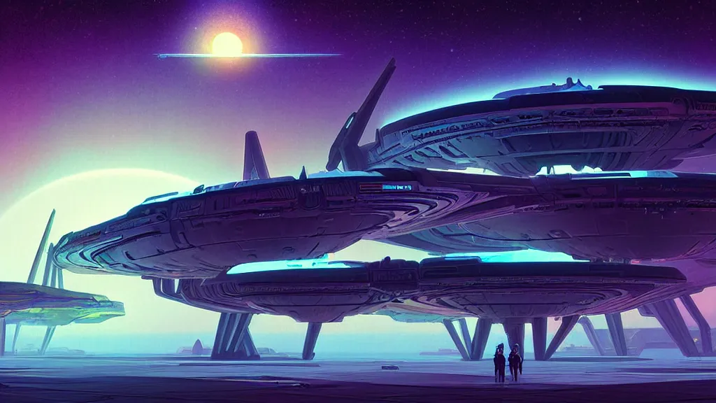 Image similar to digital render. deep space spaceport. space science fiction digital painting. bruce pennington. zaha hadid. beeple. john schoenher. syd mead. alphonse mucha. tim mcburnie