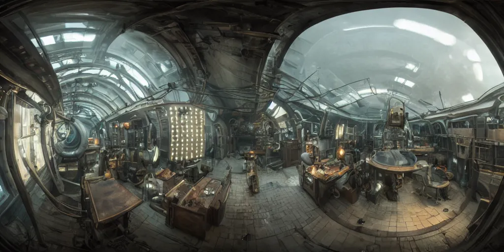 Image similar to 3 6 0 x 1 8 0 hdri panorama of a dieselpunk submarine interior set design, cinematic lighting, color contrast, arri alexa, anamorphic bokeh, professional lighting, 4 k, photographed by erik johansson, graded with davinci resolve