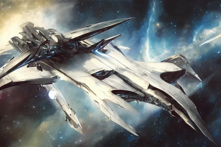 Image similar to nebula by raymond swanland, framing a pteranodon battlecruiser, with white kanji insignias, sleek, white john berkey panels, spines and towers, rows of windows lit internally, sensor array, blazing engines, robotech styling, boeing concept art, cinematic lighting by liam wong