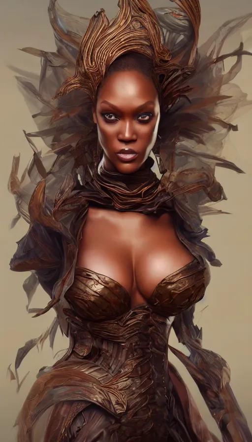 Prompt: tyra banks, bold, passionate, seductive, expressive, charismatic, very sweaty, intricate fashion clothing, insane, intricate, highly detailed, digital painting, artstation, concept art, surrealistic, smooth, sharp focus, illustration, unreal engine 5, 8 k, art by artgerm and greg rutkowski and alphonse mucha