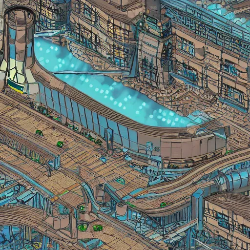 Prompt: tunnel blueprint of a city inspired steampunk coastal city, axonometric exploded view, high detail, 8k, photorealistic