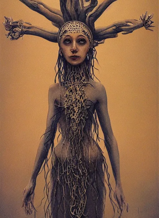 Image similar to marzanna slavic goddess with six arms in traditional slavic clothes : concept art zdzisław beksinski, hd, 4 k, ultra clear detailed : dark color gamma