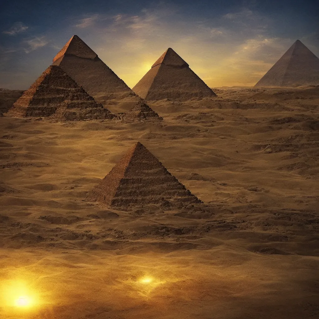 Prompt: “ a woman sees a paradox in front of her unfolding, a golden light shines above, a golden pyramid appears on the horizon, highly detailed in 4 k ”