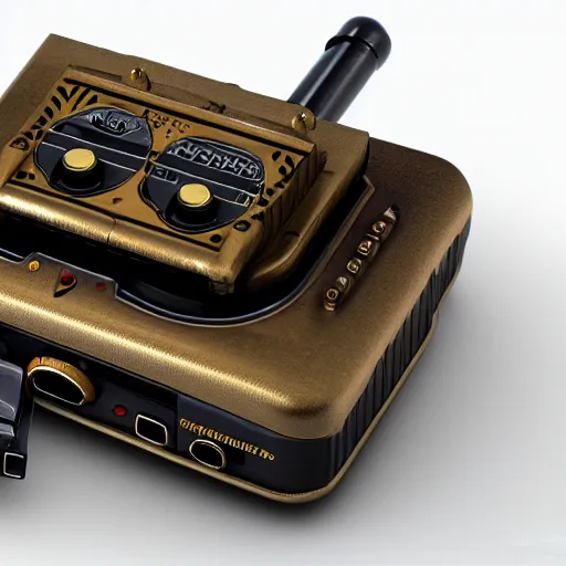 Prompt: steampunk super nintendo console with hand controls, vapor, steam, smoke, Insanely detailed, clean photorealistic realistic, hyper-realistic, super detailed, realistic octane render, 8K, hd wallpaper