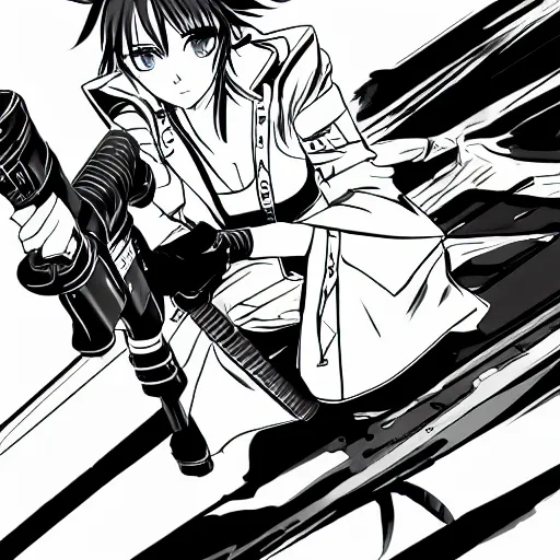 Image similar to woman standing holding large gun in cityscape, flooding, manga style, rwby, shonin jump, black and white, line art