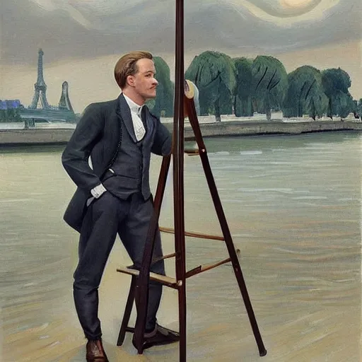 Image similar to mcgregor is dressed as a gentleman at early 2 0 th century paris. he is watching an easel. that easel has a canvas on it. ewan mcgregor has a brush on his hand. he is painting a painting. realistic painting with strong outlines. background has river seine, morning sun, dark clouds, by jack kirby