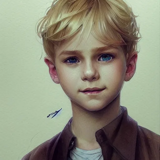 Prompt: young boy, blonde hair, happy eyes, smile, gorgeous, amazing, delicate, elegant, intricate, highly detailed, watercolor, portrait, artstation, concept art, sharp focus, illustration, art by artgerm and greg rutkowski and alphonse mucha