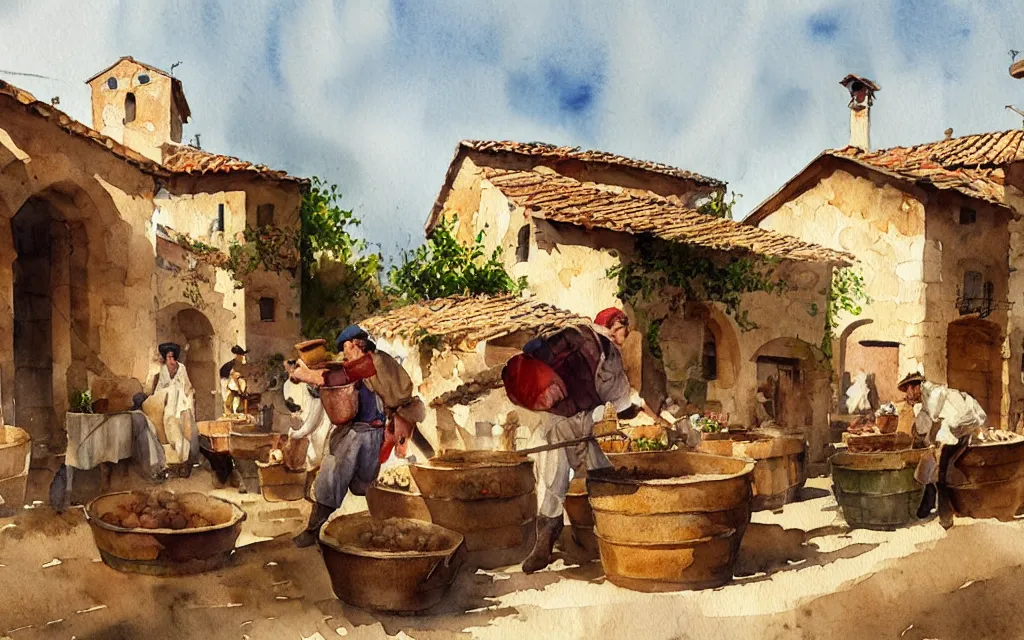 Prompt: beautiful watercolor painting by joseph zbukvic and alvaro castagnet, depicting a wine harvesting on a sunny day in a little italian village