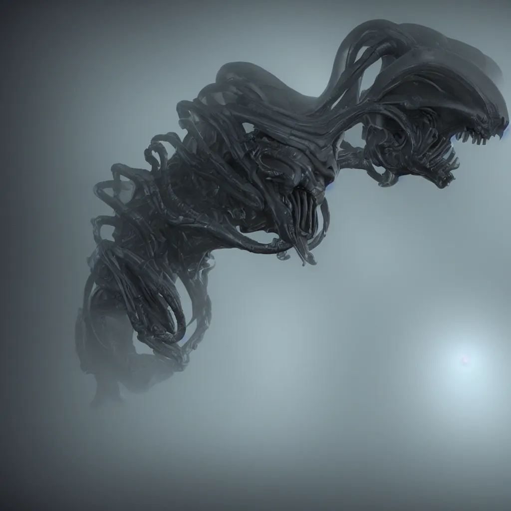 Image similar to a ultra realistic hyper realistic underexposed film photograph of a xenomorph volumetric fog