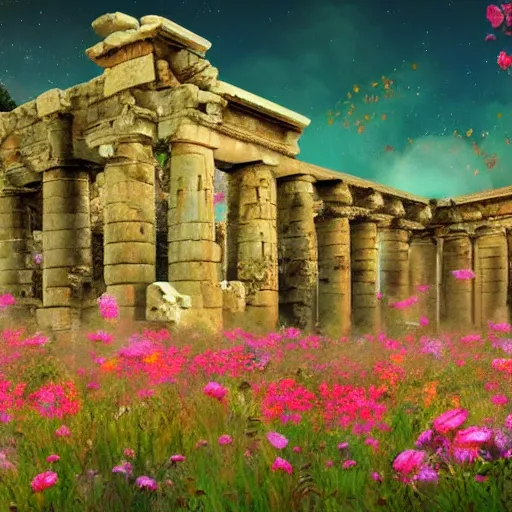 Image similar to ancient ruins covered with flowers, epic retrowave art, trending on art station