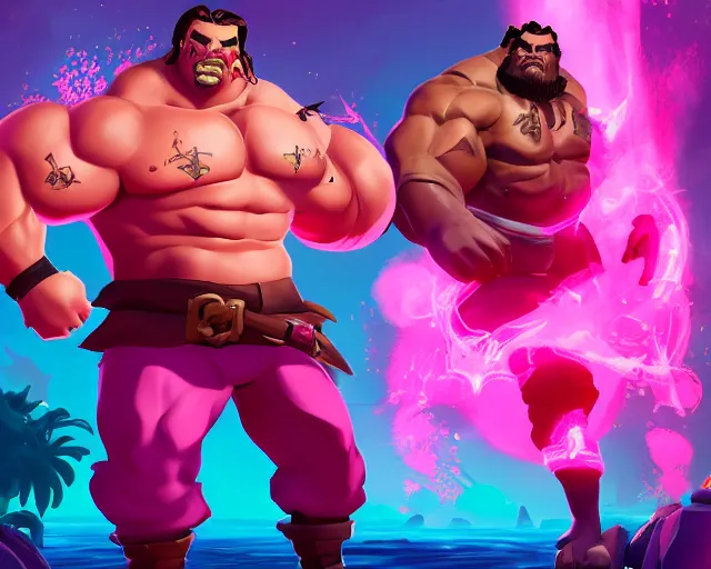 Image similar to sea of thieves character portrait concept art for a huge hulking muscular man wearing a bright pink outfit, cgsociety, trending on artstation, rare ltd,