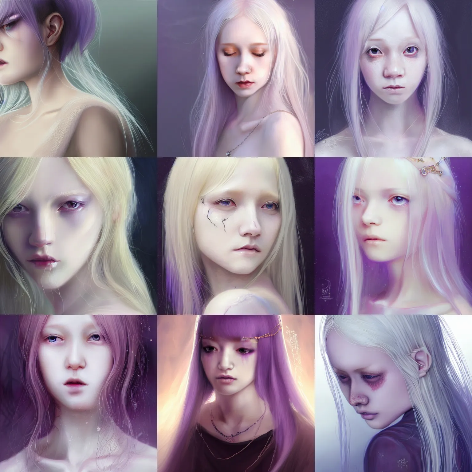 Prompt: albino hair, shoulder-long straight, fragile girl, veil, amber jewelry, violet eyes, clothes style japanese/asian/chinese, burn scar left cheek, closeup, D&D, fantasy, intricate, elegant, highly detailed, digital painting, artstation, concept art, matte, sharp focus, illustration, art by Artgerm and Greg Rutkowski and Alphonse Mucha