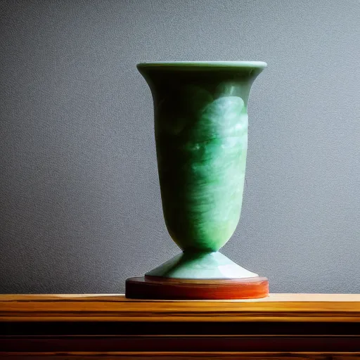 Prompt: an organic jade vase, sitting on a pedestal, in the middle of a balsa room, with dim light, glowing background, moody setting, highest quality, 8 k