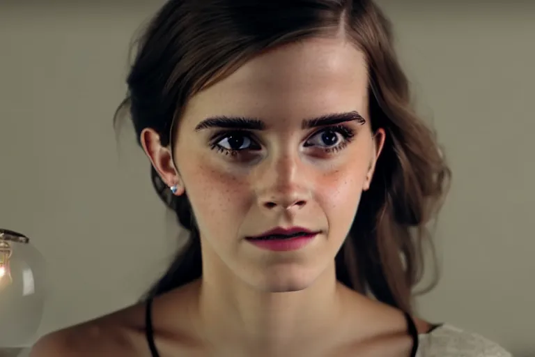 Image similar to a cinematic rendering of a human emma watson face inside lightbulb