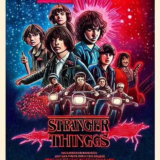 Prompt: Stranger Things poster by Ashley Wood and Mike Mignola and Drew Struzan, artstation, 80's American sci-fi poster style, 4K detailed post processing, footage
