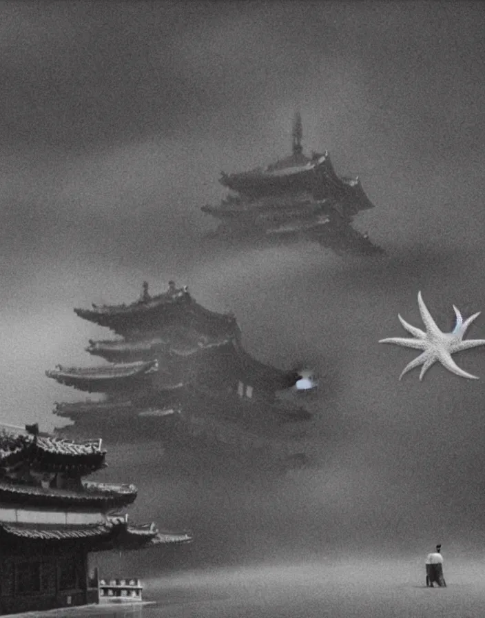 Image similar to a filmstill of a north korean monster movie, kaiju - eiga monster starfish - like trampling a traditional korean palace, foggy, film noir, video compression