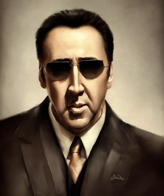 Prompt: Portrait of a Nicolas Cage as a Mafia boss from 1960s, highly detailed, digital painting, artstation, concept art, smooth, sharp focus, illustration by Artgerm and Greg Rutkowski and Tom Bagshaw