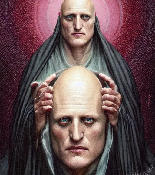 Image similar to A Magical Portrait of Woody Harrelson as Aleister Crowley the Great Mage of Thelema, art by Tom Bagshaw and Wayne Barlowe and John Jude Palencar