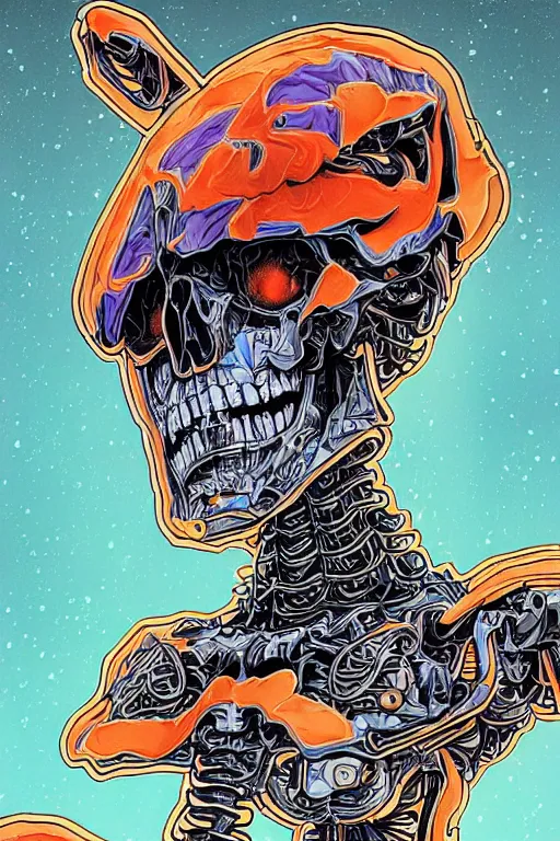 Prompt: comic art of a fluorescent ultra-detailed portrait art of mecha skeleton, by dan mumford and Junji Ito,, zx spectrum color palette, anatomy, only two hands, highly detailed, digital painting, artstation, concept art, smooth, sharp focus, illustration, Unreal Engine 5, 8K, art by art by artgerm and greg rutkowski and edgar maxence